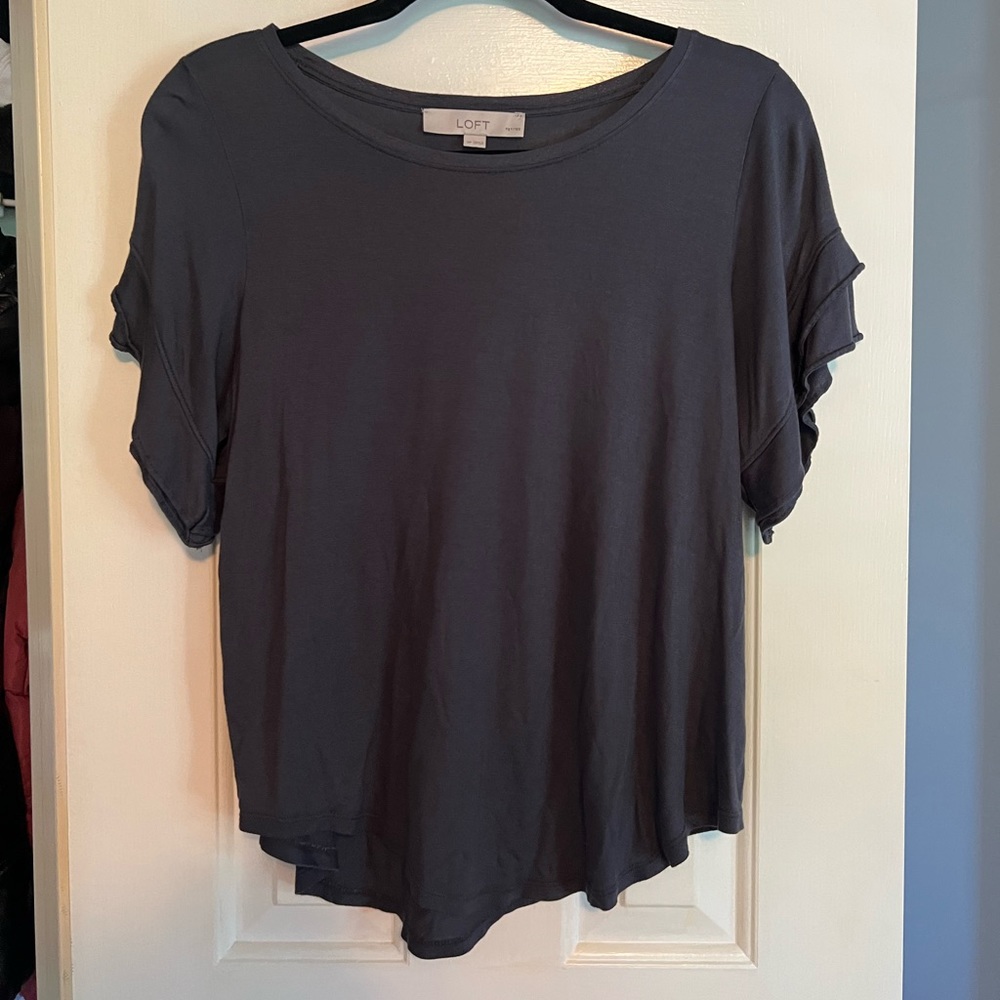 Loft Navy Gray Ruffle Sleeve Top